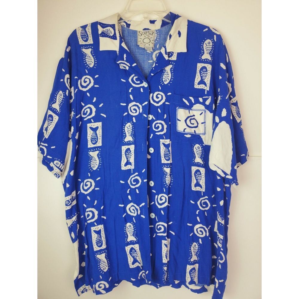 Surya Men's Hawaiian Shirt Size Large‎ Blue White Tropical Fish Aloha